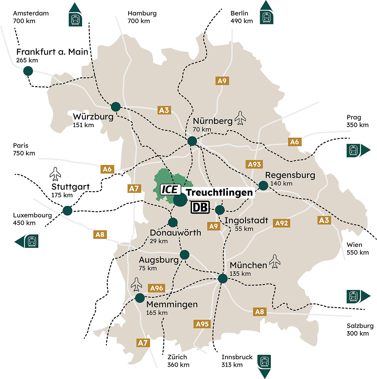 Karte mit den Bahnverbindungen, Flughäfen und Autobahnen