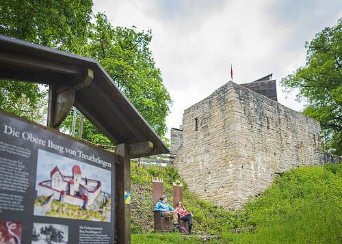 im Vordergrund groß die Schautafel zur Oberen Burg, ein junges Paar sitzt auf den Thronen mittig im Bild vor der Burgkulisse