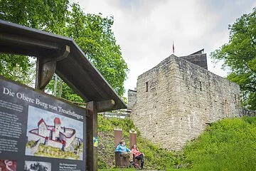 im Vordergrund groß die Schautafel zur Oberen Burg, ein junges Paar sitzt auf den Thronen mittig im Bild vor der Burgkulisse
