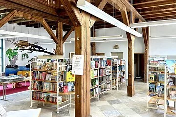 Viele Bücherregale und Holzbalken