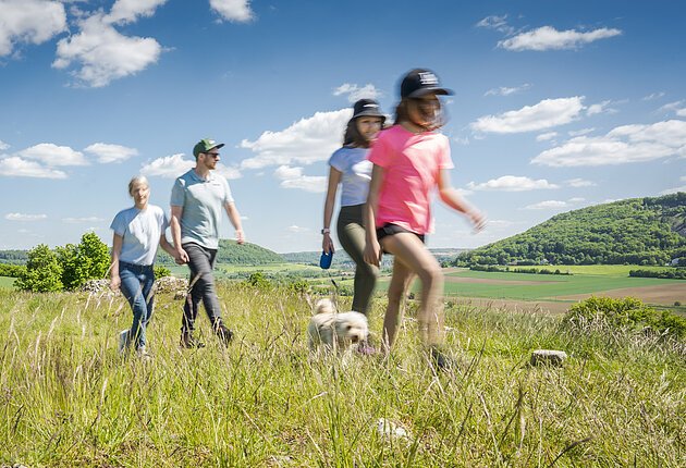 Zwei Mädchen mit Hund und dahinter ein Pärchen laufen über die Weise am Bubenheimer Berg