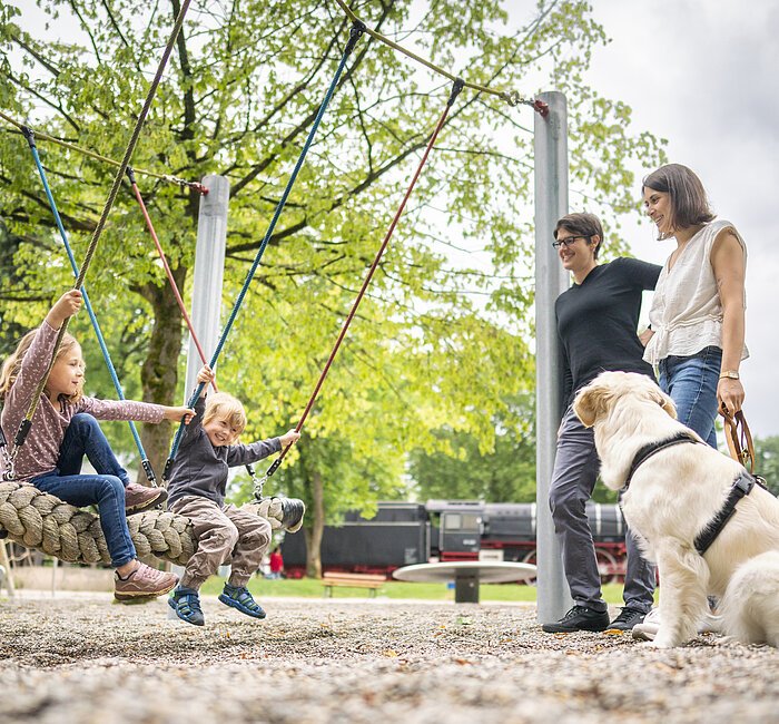 Zwei kleine Kinder sitzen auf einer aus Seilen geflochtenen Schaukel und schwingen. Zwei Mütter mit Hund stehen daneben und beobachten die Kinder. Das Bild zeigt diese Szene aus der Froschperspektive. Der Spielplatz befindet sich inmitten von grün.