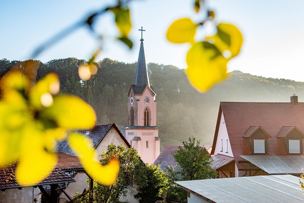 Ansicht der Kirche St. Zeno über den Dächern von Windischhausen