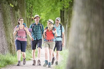 Vier Wanderer sind auf dem Wanderweg bei Pappenheimunterwegs. Links geht eine Frau mit  lila Trägertop, neben hier ein Mann im kariertem Hemd und Strohhut. Daneben wandert eine Frau im roten Shirt mit Strohhut und neben dieser ein Mann mit Kappe und hellblauen Shirt. Sie sind von Baumstämmen umgeben und mittig über der Wandergruppe erstrahlt das grüne Blätterkleid.