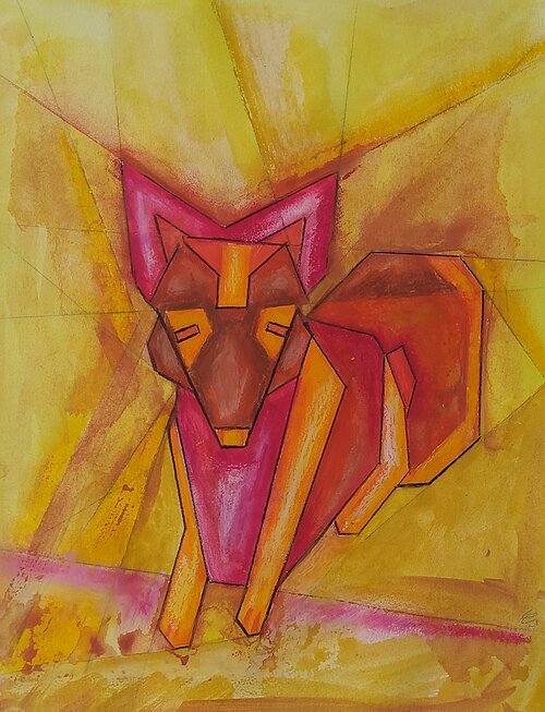 Fuchs in roter und oranger Farben mit eckigen Formen in Acryl gemalt. Hintergrund in gelber Farbe.