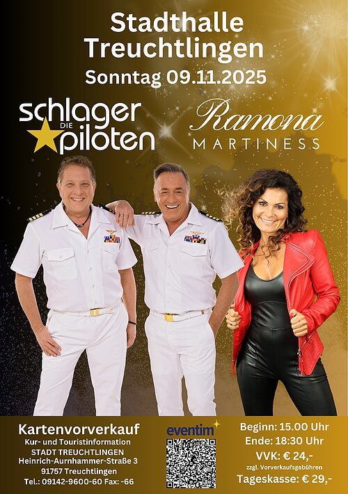 Das Bild zeigt die Schlagerpiloten Stefan und Kevin und ihren Special Guest Ramona Martiness