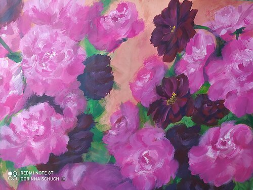 Auf dem Bild sieht man verschiedene Rosen in unterschiedlichen Rot/Rosa Tönen. Diese wurden mit Acryl gemalt.