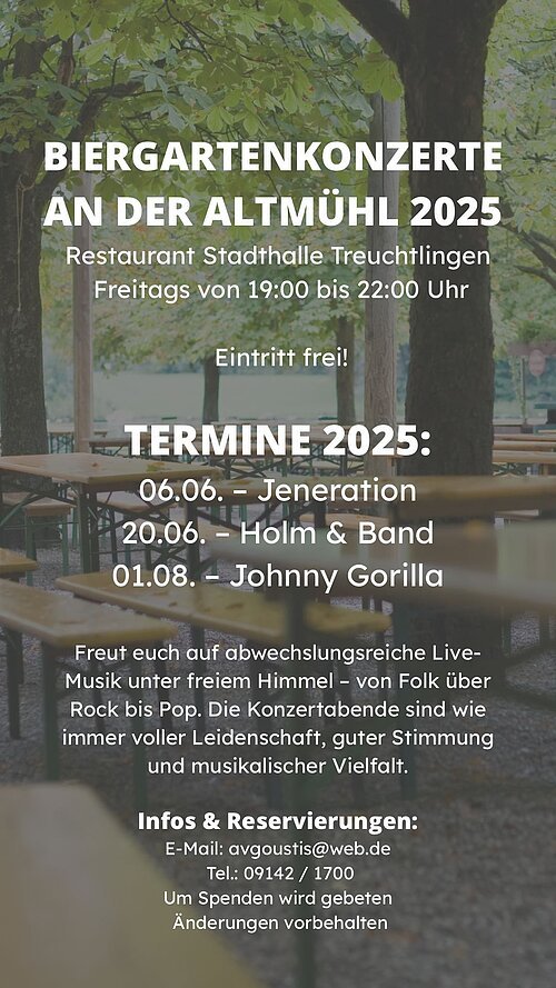 Ein Informationsplakat bezüglich der Biergartenkonzerte an der Altmühl für das Jahr 2025. Dabei sind die Zeiten und Daten der einzelnen Termine aufgelistet.