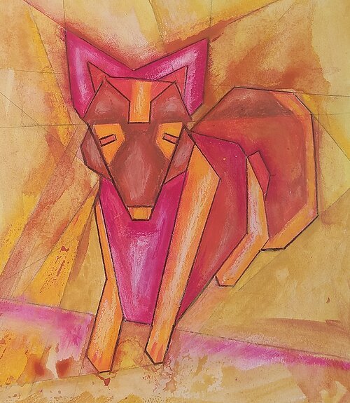 Auf dem Bild ist ein farbiger Fuchs zu sehen, welcher durch das Zusammensetzen von verschiedenen geometrischen Formen gezeichnet wurde