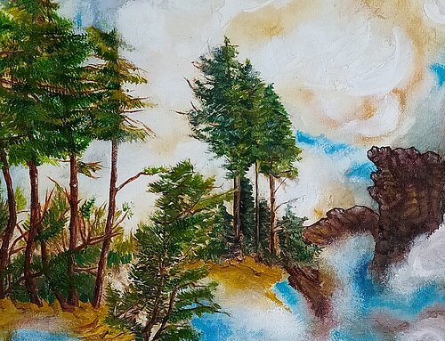 Auf dem Bild kann eine Landschaft mit einem Fluss, Bäumen, Sträuchern sowie einem Felsvorsprung gesehen werden. Über der Landschaft sind sowohl Wolken als auch Nebel. Alles ist in einer öligen Farbe gezeichnet.