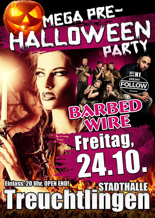 Auf dem Bild ist das Plakat für die "Mega Pre-Halloween-Party" der KG Treuchtlingen zu sehen. Diese findet am Freitag, 24.10., ab 20:00 Uhr statt.