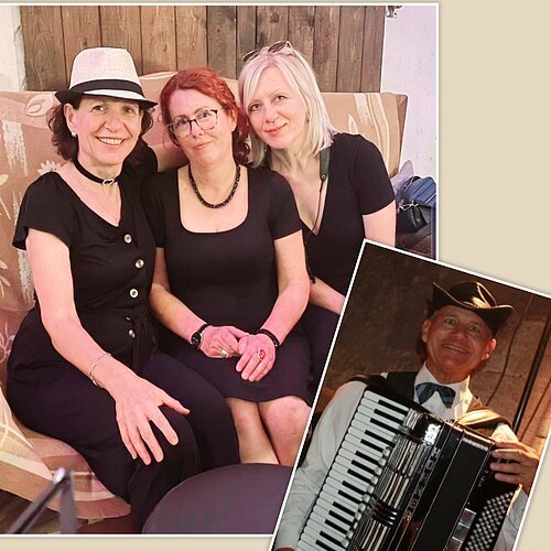 Ensemble Schwarz-Rot-Blond mit Chrisakkord Es sind zwei Bilder schräg nebeneinander zu sehen. Auf dem linken sind drei Damen des Ensemble Schwarz-Rot-Blond, auf dem rechten Bild ist ein Herr mit einem Akkordeon zu sehen.