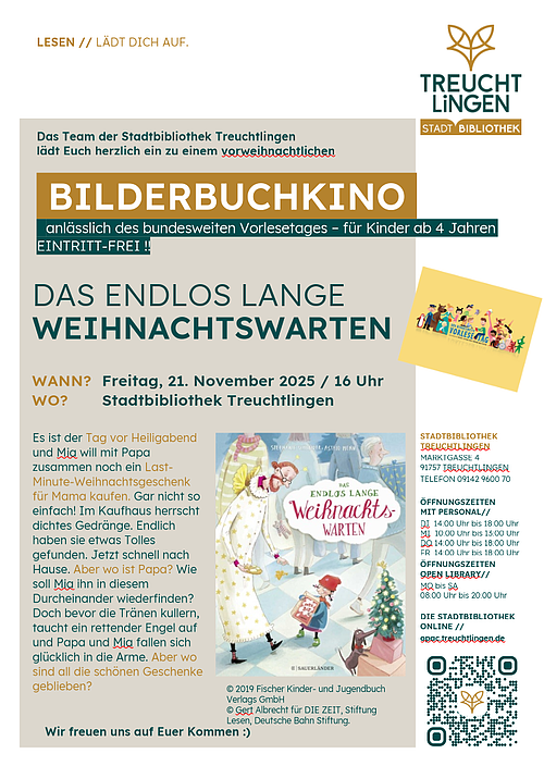 Bundesweiter Vorlesetag Treuchtlingen Stadtbibliothek Auf dem Bild ist das Plakat des Bilderbuchkinos anlässlich des Bundesweiten Vorlesetag in der Stadtbibliothek Treuchtlingen zu sehen