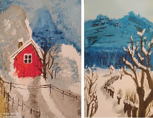 Auf dem Bild sind zwei Bilder von Winterlandschaften zu sehen